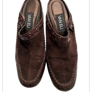 Brown suede Vaneli mules/clogs with about a 3 inch wedge heal size 7.5